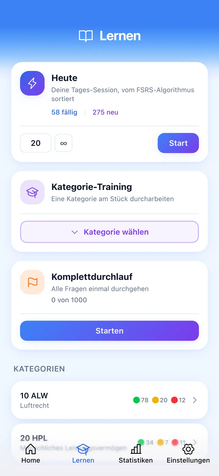Quiz-Bildschirm mit ECQB-Frage und Bewertung