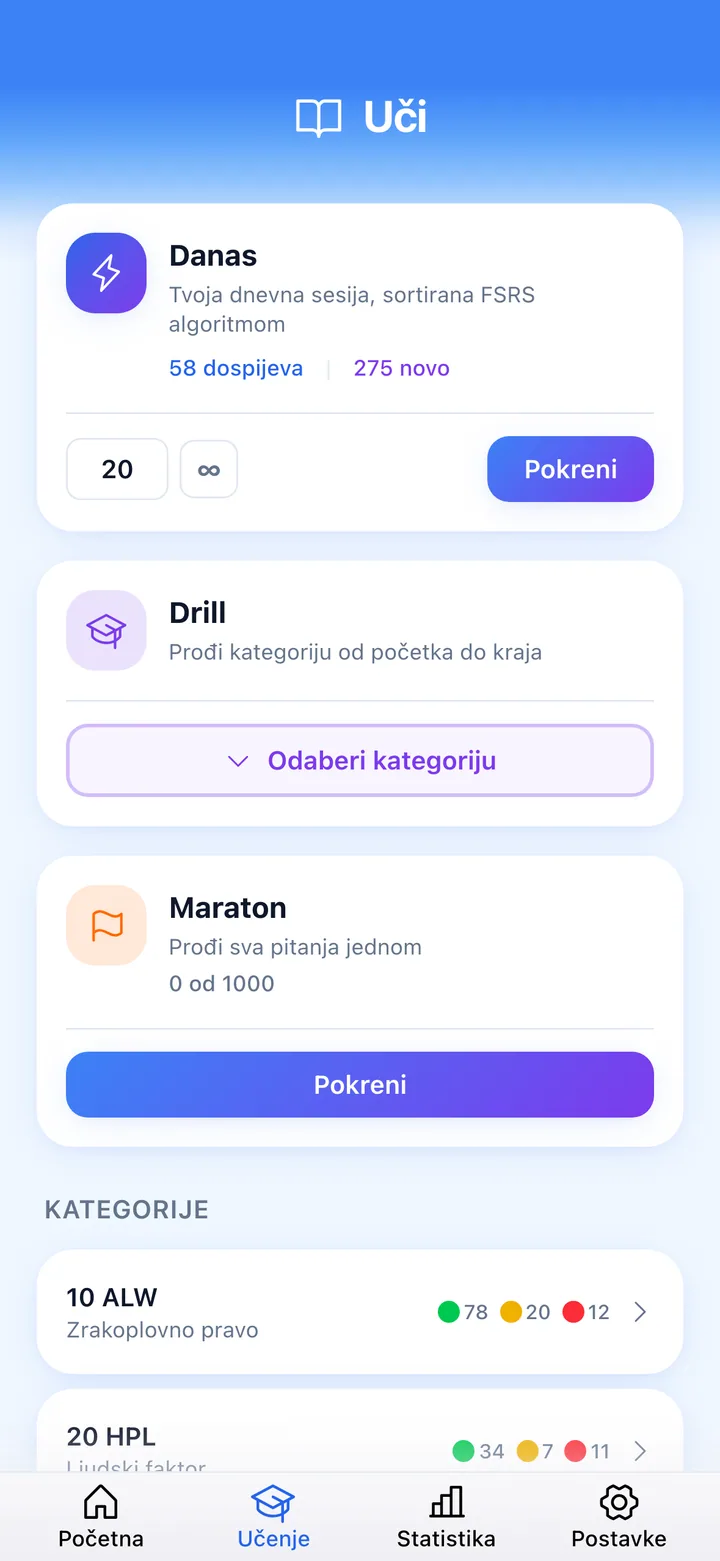 Zaslon kviza s pitanjem ECQB i gumbima za ocjenu